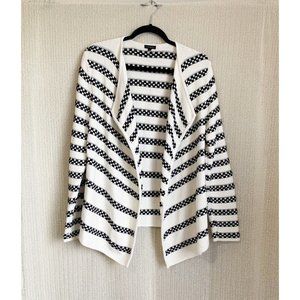 Talbots Cardigan Medium Cream Black SHAWL COLLAR Open Front Medium Weight